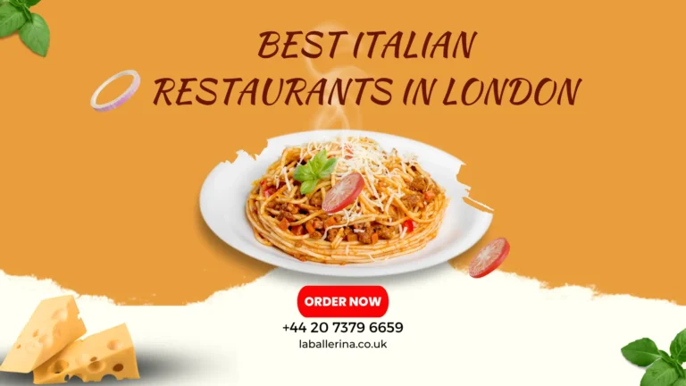 A table filled with Italian dishes including pasta, wood-fired pizza, and wine at a cozy restaurant in London