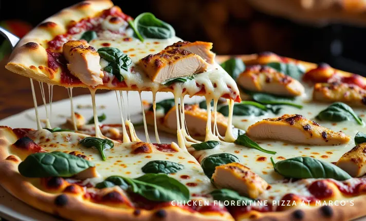 A freshly baked Marco’s Chicken Florentine Pizza featuring tender grilled chicken, creamy Alfredo sauce, fresh spinach, and melted cheese on a golden crust.