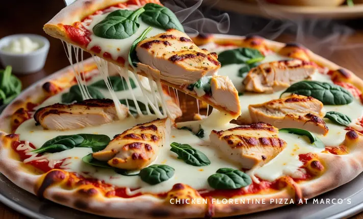 A delicious Marco's Chicken Florentine Pizza with grilled chicken, fresh spinach, and Alfredo sauce, topped with melted cheese on a crispy crust.