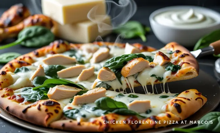 A delicious Marco’s Chicken Florentine Pizza topped with grilled chicken, fresh spinach, Alfredo sauce, and a blend of melted cheeses on a golden-brown crust.