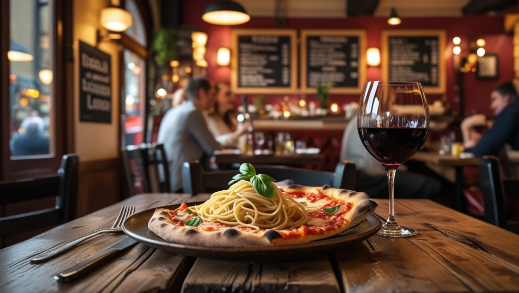 A lively Italian street food market in London, serving fresh pasta, pizza slices, and arancini, with iconic London landmarks in the background. cheap Italian restaurants in London