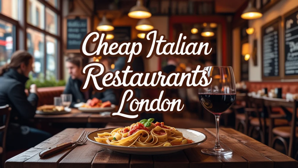 A vibrant Italian street food market in London, featuring vendors serving fresh pasta, pizza slices, and arancini, with iconic London landmarks in the background.