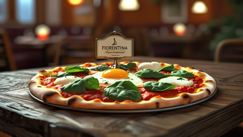 Authentic Florentina Pizza in London at La Ballerina Italian Restaurant, Covent Garden, featuring fresh spinach, mozzarella, egg, and Parmesan.