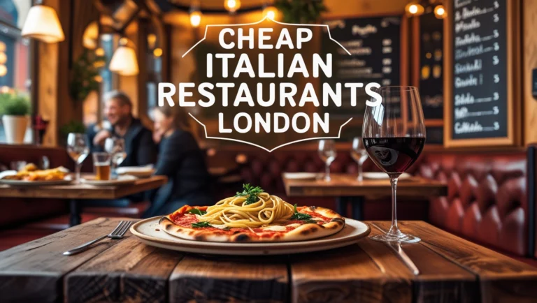 A cozy Italian restaurant in London with a plate of pasta, pizza, and wine on a rustic wooden table, featuring the text 'Cheap Italian Restaurants in London' in elegant font.