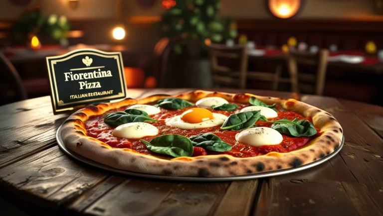 Delicious Florentina Pizza in London at La Ballerina Italian Restaurant, Covent Garden, topped with fresh spinach, mozzarella, ricotta, egg, and Parmesan.