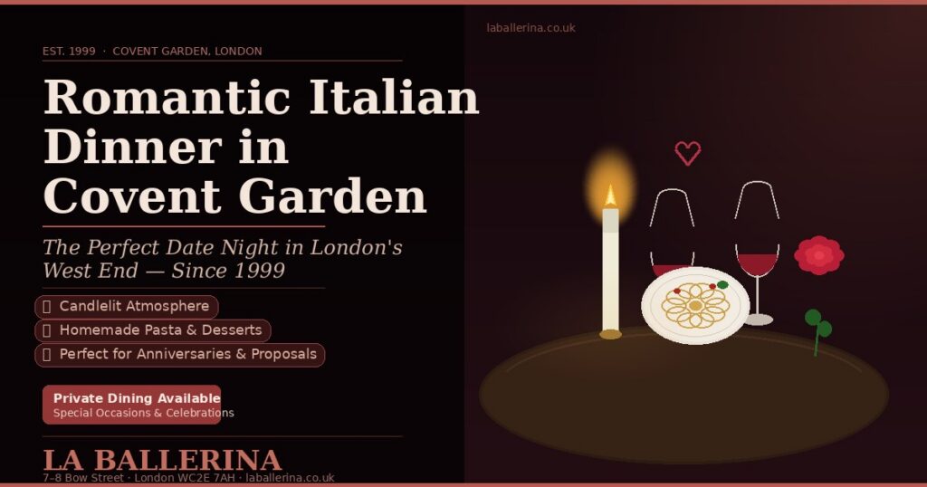 Romantic Italian dinner at La Ballerina restaurant, Covent Garden London — candlelit date night dining next to the Royal Opera House