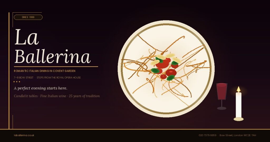 Romantic candlelit Italian dinner for two at La Ballerina restaurant in Covent Garden, London