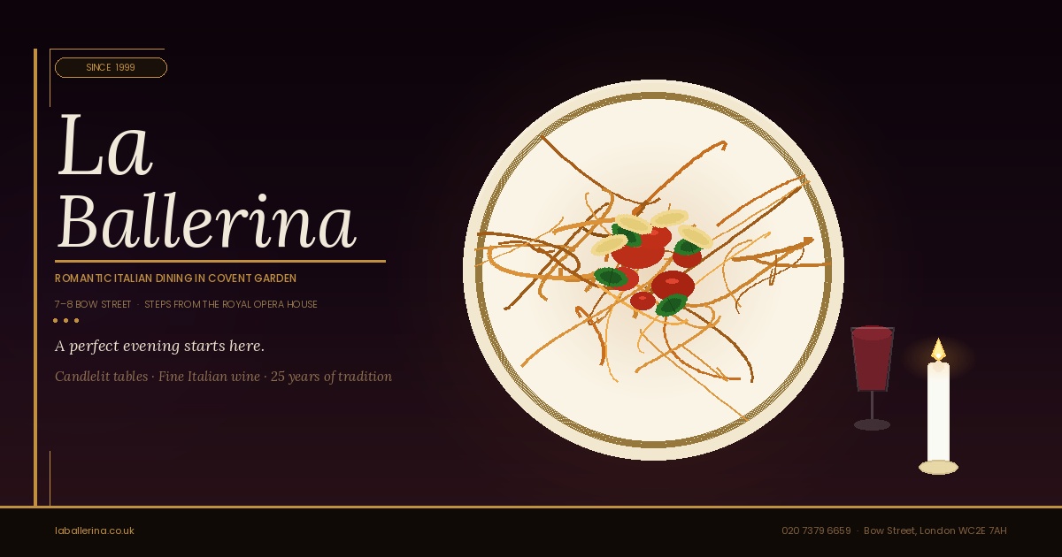 Romantic candlelit Italian dinner for two at La Ballerina restaurant in Covent Garden, London