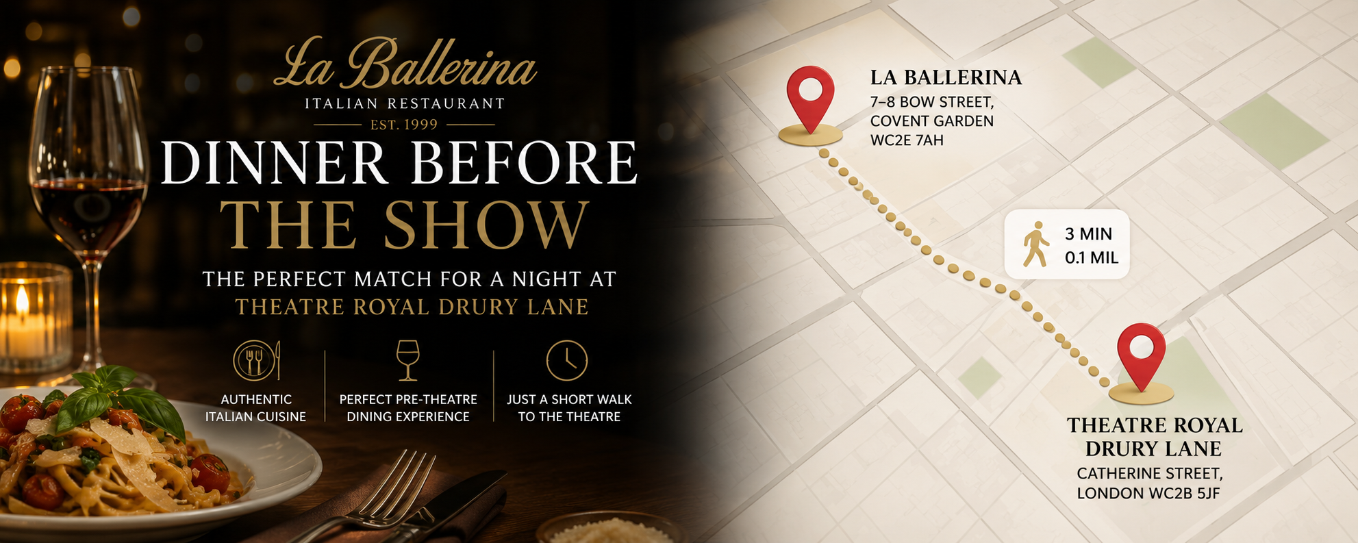 Elegant pre-theatre dining at La Ballerina Italian Restaurant in Covent Garden, just a 3-minute (0.1-mile) walk from Theatre Royal Drury Lane in London.