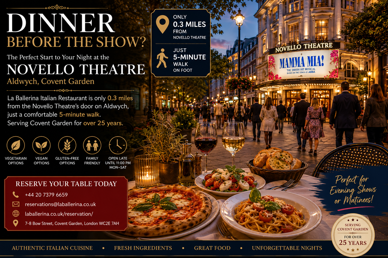 Dinner Before the Show at Novello Theatre – La Ballerina Italian Restaurant just 0.3 miles away with a 5-minute walk in Covent Garden, offering authentic Italian cuisine and the perfect pre-theatre dining experience.