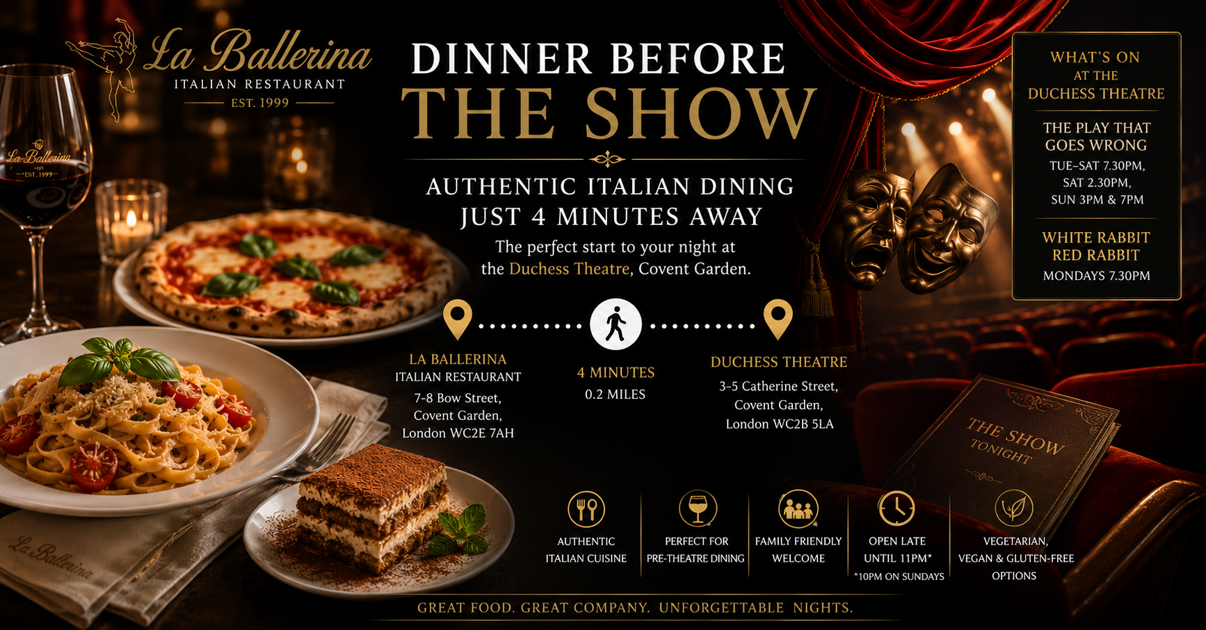 La Ballerina Italian Restaurant in Covent Garden offering authentic Italian pre-theatre dining just a 4-minute walk (0.2 miles) from the Duchess Theatre in London's West End.