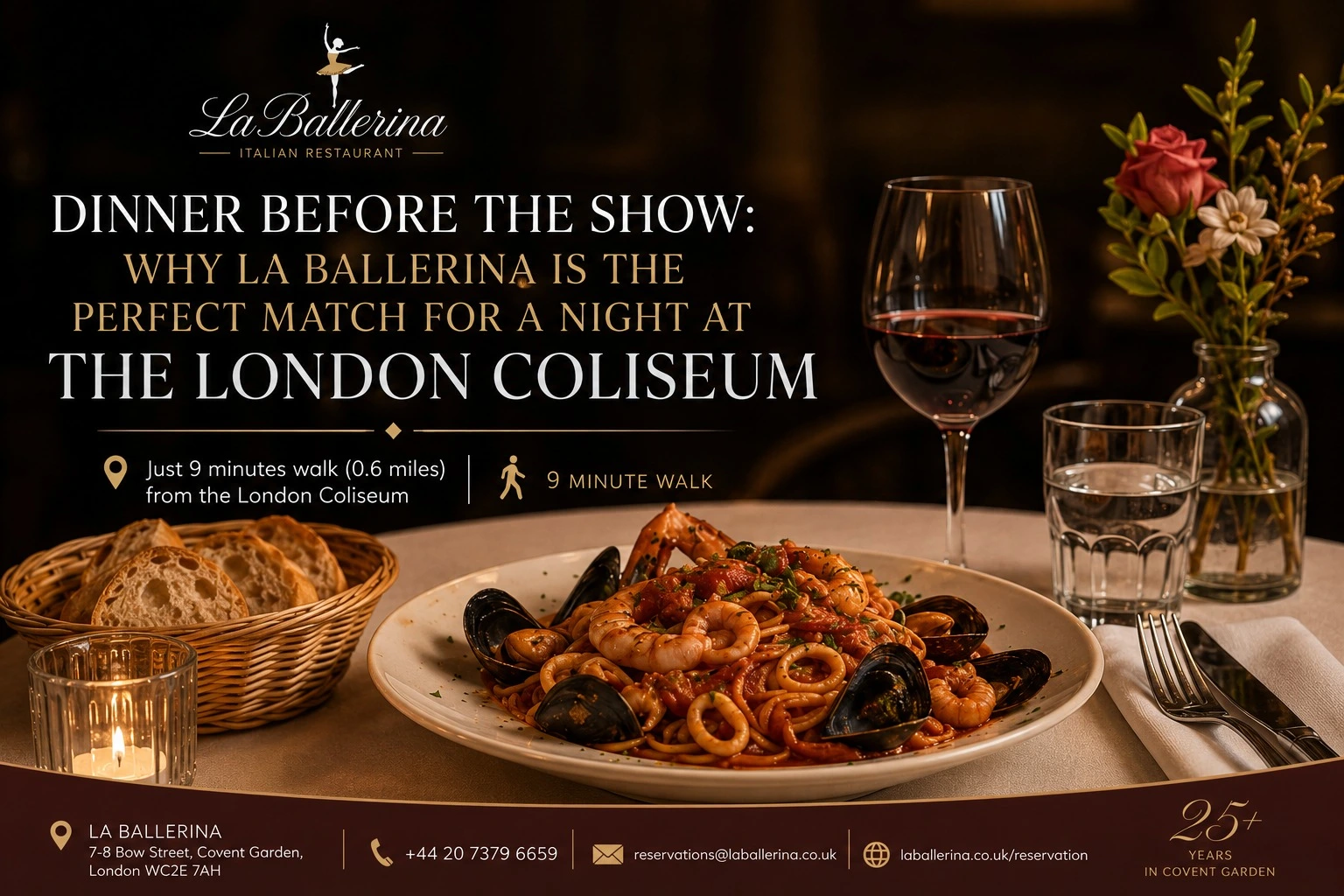 La Ballerina Italian Restaurant pre-theatre dinner near London Coliseum, seafood spaghetti with mussels, prawns and calamari on a candlelit table with red wine