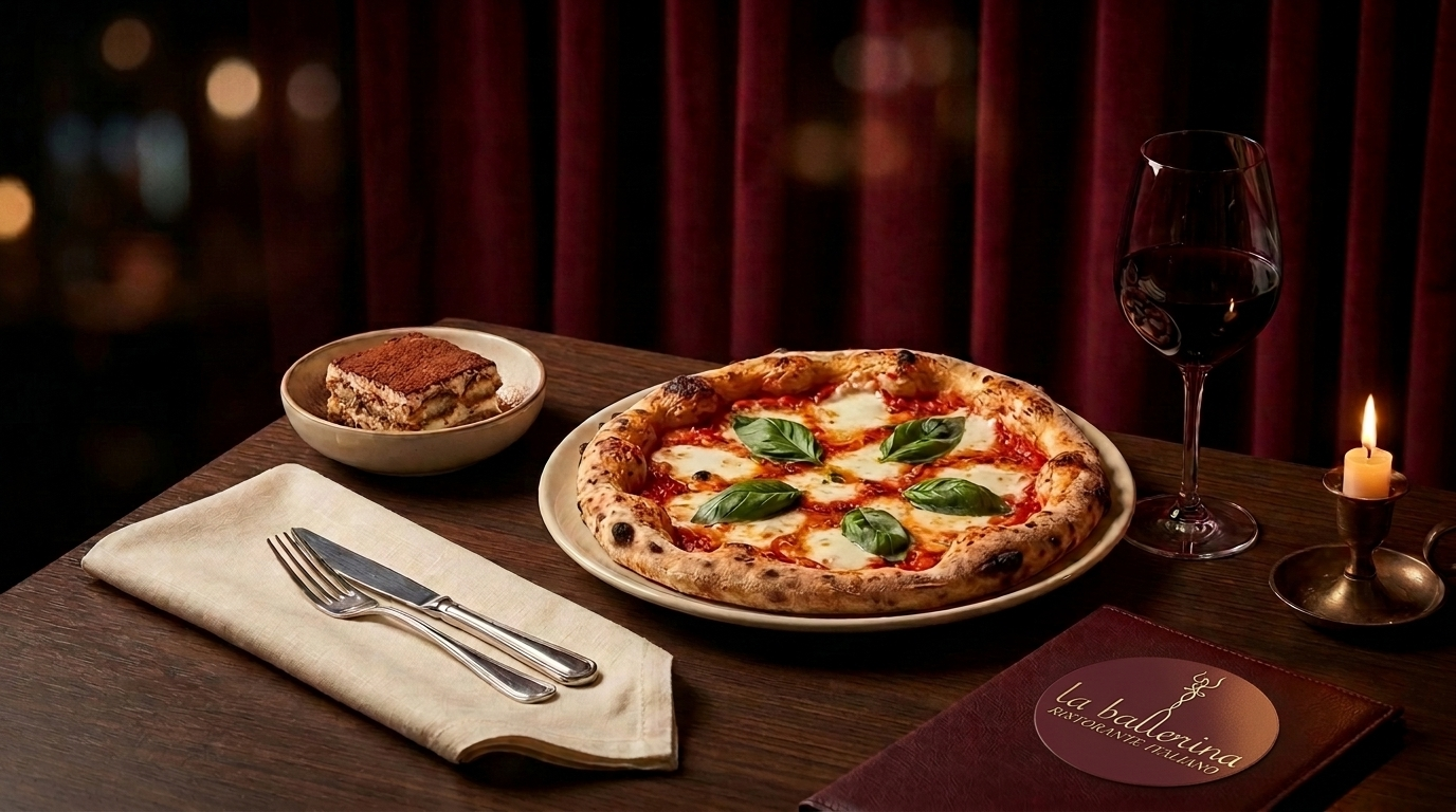 Authentic Margherita pizza with fresh basil, homemade tiramisu and red wine served on a romantic table at La Ballerina Italian Restaurant in Covent Garden, London.
