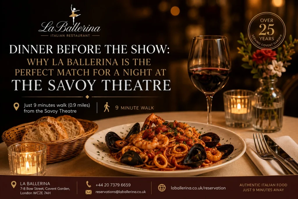 La Ballerina Italian Restaurant pre-theatre dinner near the Savoy Theatre, seafood spaghetti with mussels, prawns and calamari on a candlelit table with red wine.