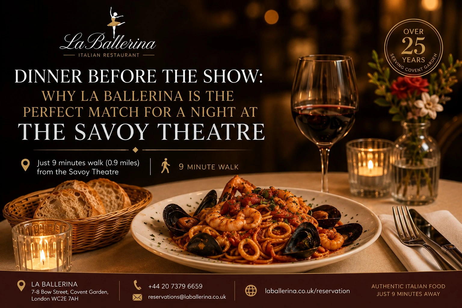 La Ballerina Italian Restaurant pre-theatre dinner near the Savoy Theatre, seafood spaghetti with mussels, prawns and calamari on a candlelit table with red wine.