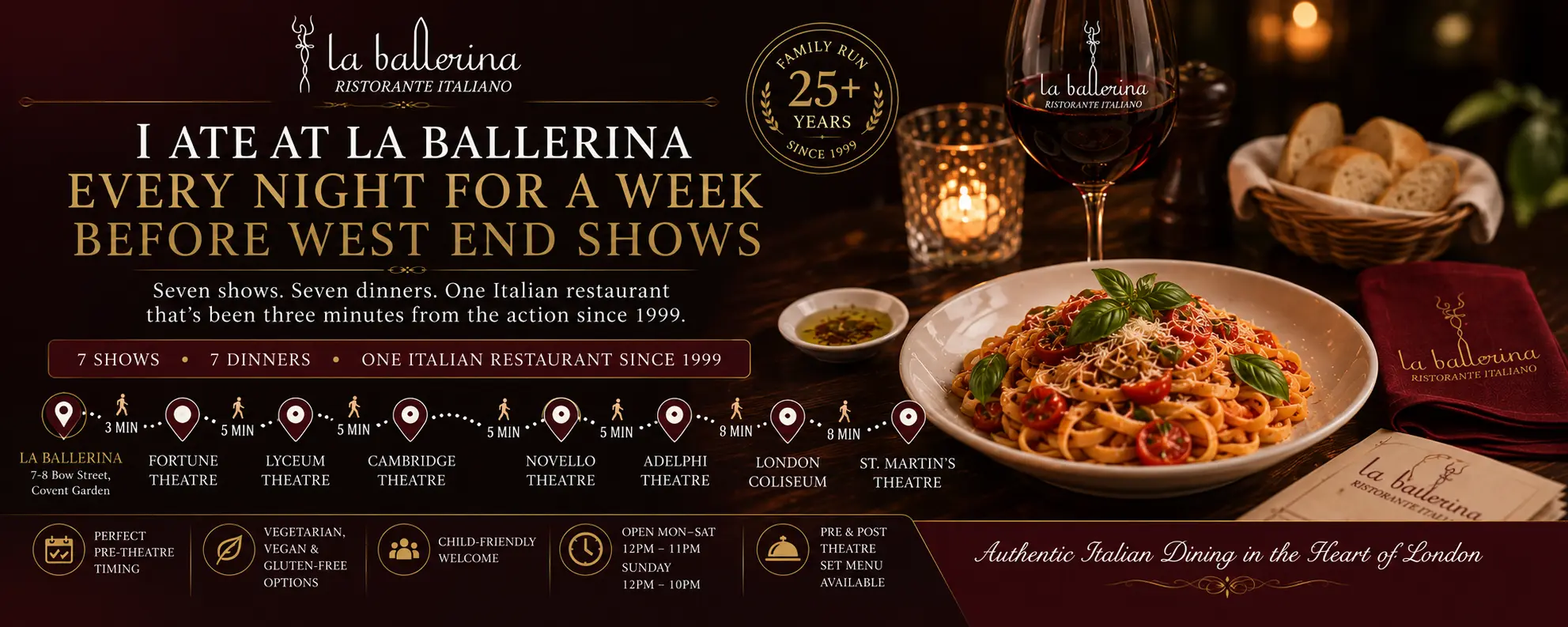 Authentic Italian dishes served at La Ballerina Italian Restaurant in Covent Garden before West End theatre shows, featuring a seven-day pre-theatre dining experience near London's top theatres.