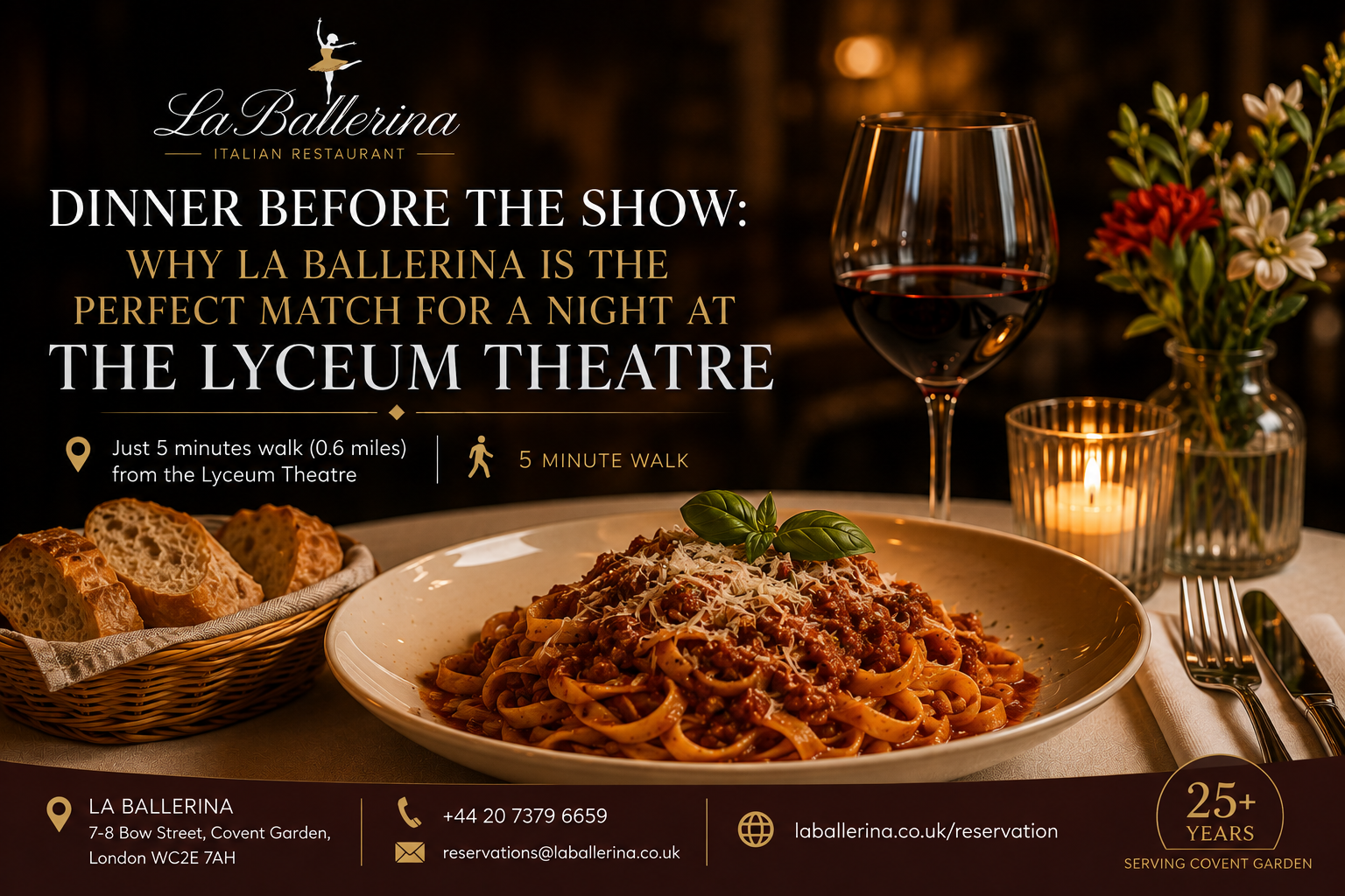 La Ballerina Italian Restaurant in Covent Garden offering elegant pre-theatre dining just a 5-minute walk from the Lyceum Theatre in London's West End.